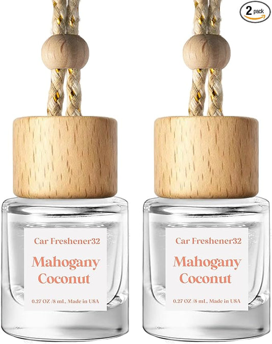 C Classy Hanging Car Air Freshener 2 Pack, Mahogany Coconut Essential Oil Diffuser, Long-Lasting Fragrance, Cute Glass Bottle Car Accessories for Women & Men, Made in USA
