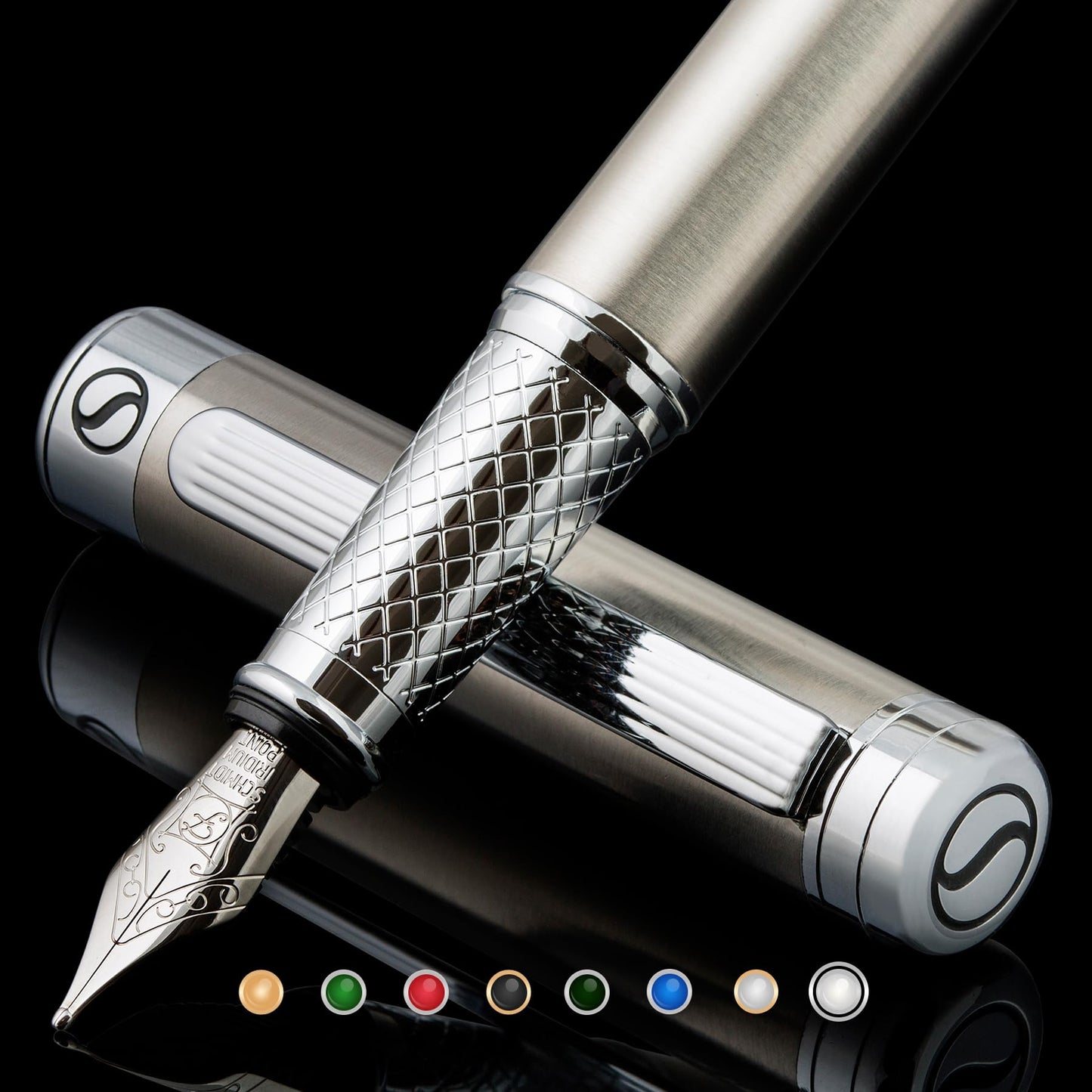 Scriveiner Silver Chrome Fountain Pen - Stunning Luxury Pen, Real Gold Finish Schmidt Gilded Nib (Medium), Best Pen Gift Set for Men & Women, Professional, Executive Office, Nice Pens
