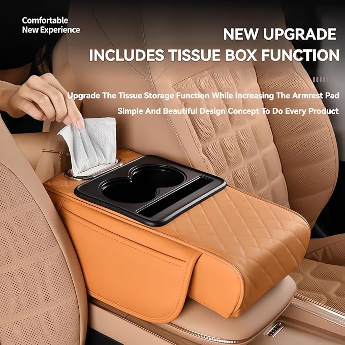 Multifunctional PU Leather Car Armrest Box Mat, 5-in-1 Multifunctional Car Armrest Cushion, Center Console Cover with 2 Cup Holder, For Storing Tissues, Phones, Wallets, Drinks, for Most Cars (Gray)