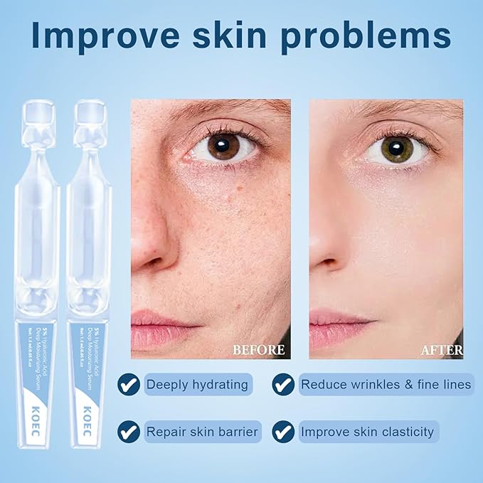 5% Hyaluronic Acid Serum,Ultra Hydrated Vial of Hyaluronic Acid Tubes，Awaken Natural Perfection for Face Serum Hydrated ，Anti-Aging, Deep Moisturizing, Revitalizing Skin (1.5ml*30Pcs)