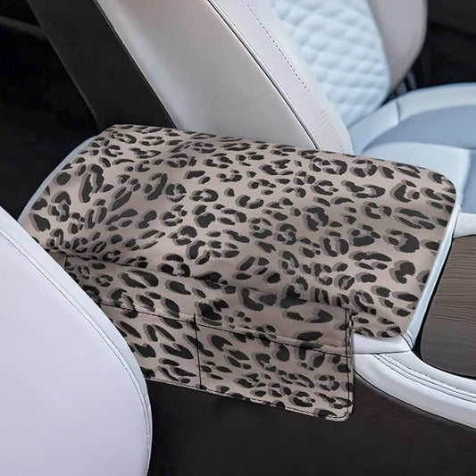 Car Armrest Storage Box Mat, Grey Leopard Car Center Console Cover, Vehicle Armrest Seat Box Cover Accessories Interior Protection for Most Vehicle, SUV, Truck, Car