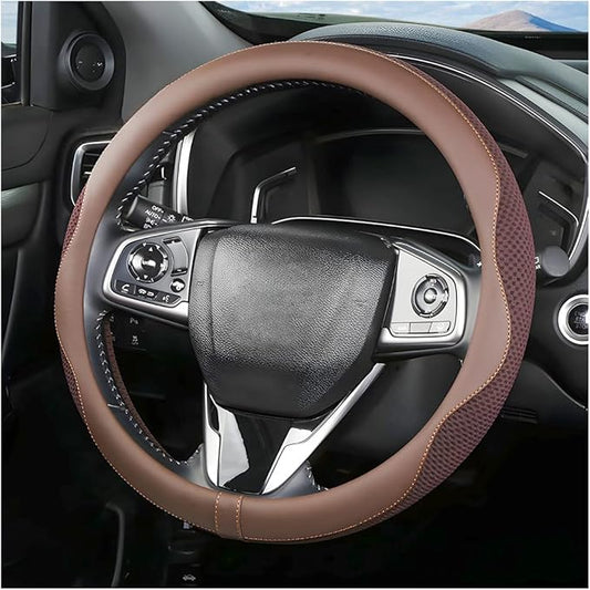 Car Steering Wheel Cover, Microfiber Breathable Ice Silk Leather Steering Wheel Cover Soft Anti-Slip Safety, 15inch Four Season Universal Fits for Most Truck,SUV,Cars (Coffee)