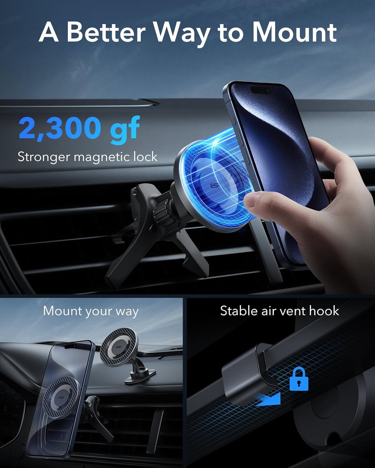 ESR for MagSafe Car Mount, Magnetic Car Phone Holder Mount, Air Vent/Dashboard Magnetic Phone Mount for iPhone 16/15/14/13/12, Galaxy S25, Strong Magnets, Charging Not Supported, Black Carbon Fiber