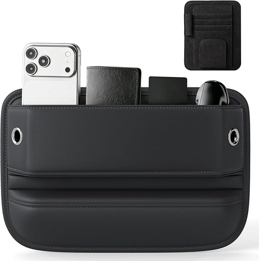 Car Seat Gap Filler with Sun Visor Organizer, Leather Seat Gap Organizer for Phone, Cards, Keys and Sunglasses, Front Seat Storage for Most Cars, SUVs and Trucks