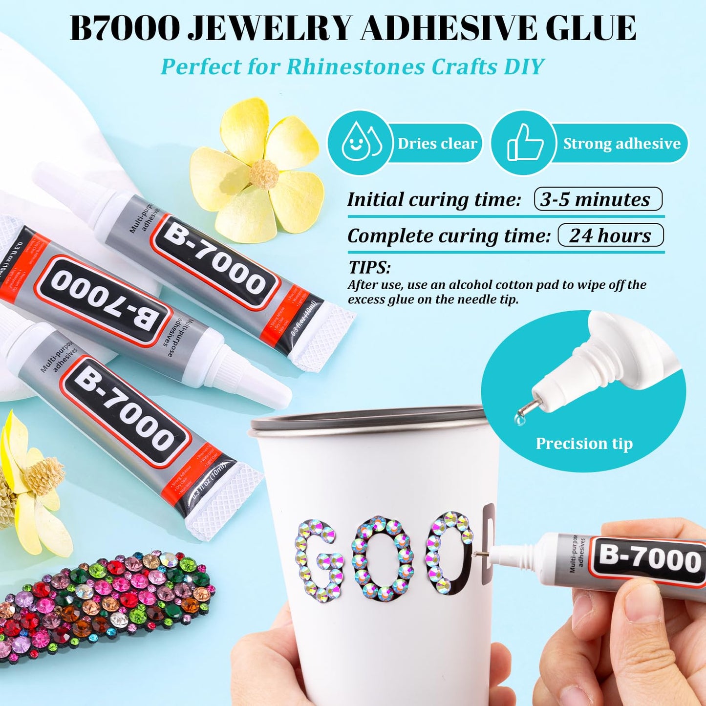 6100Pcs Jelly Resin Rhinestones for Crafting with 2Pcs 10ml B7000 Jewelry Glue, 1 Box Flatback Crystals Diamond (Clear AB) for Bedazzling Crafts DIY Nail Art Non Hotfix Gems for Clothing Shoes