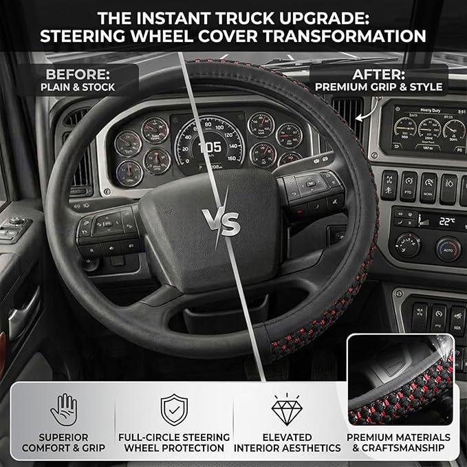 Size 16-20 Inch Ice Silk Ventilation Multi-Style Comfy Grip Steering Wheel Cover for Truck, Bus, Big Rig Trucker,SUV， Anti-Slip Design 16-20 Inch (BlackRed, 19)