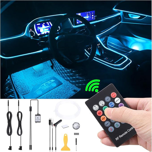 Car Atmosphere Light Kit 3m Fiber Optic RGB Multicolor Sound Active Music Sync Memory Function RF Remote Controller USB Car Interior Ambient Lighting Kit DC 12V