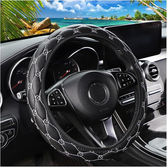 Car Steering Wheel Cover, PU Leather Non-Slip Lantern Pattern Vehicle Steering Wheel Cover Protection, Breathable Automotive Interior Protecter Accessories, Universal Fit (Black/White)
