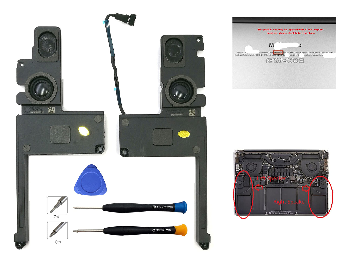 ITTECC Replacement Internal Speaker Left+Right Set Fit for MacBook Pro 15" Unibody Retina A1398 Series (Mid 2012, Early 2013) 2014 2015