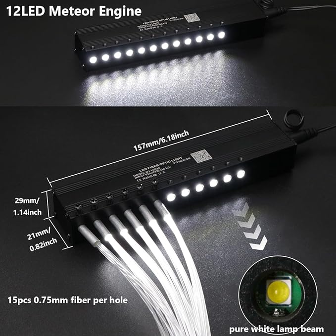 AZIMOM Mini 6W Twinkle 550pcs0.03in 9.8ft Fiber Optic Starlight Headliner+180pcs Fiber Pure White Meteor Shooting Star for Car Home, End Glow Fiber Strands Sound-Activated APP& Remote Control