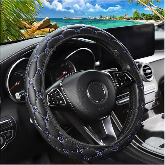 Car Steering Wheel Cover, PU Leather Non-Slip Lantern Pattern Vehicle Steering Wheel Cover Protection, Breathable Automotive Interior Protecter Accessories, Universal Fit (Black/Blue)