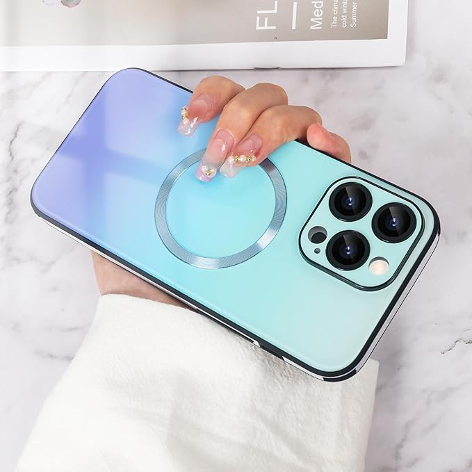 Guppy Compatible with iPhone 15 Pro Max Case Magnetic, with Full Camera Lens Protector [Compatible with MagSafe] Scratch Resistant Gradient Glass Back Cover Phone Case-Blue
