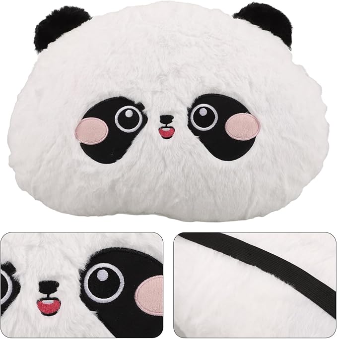 NUOBESTY Panda Plush Lumbar Support Pillow for Car Seat and Office Chair, Round Embroidered Rabbit Fur Cartoon Cushion for Lower Back Comfort During Driving and Travel