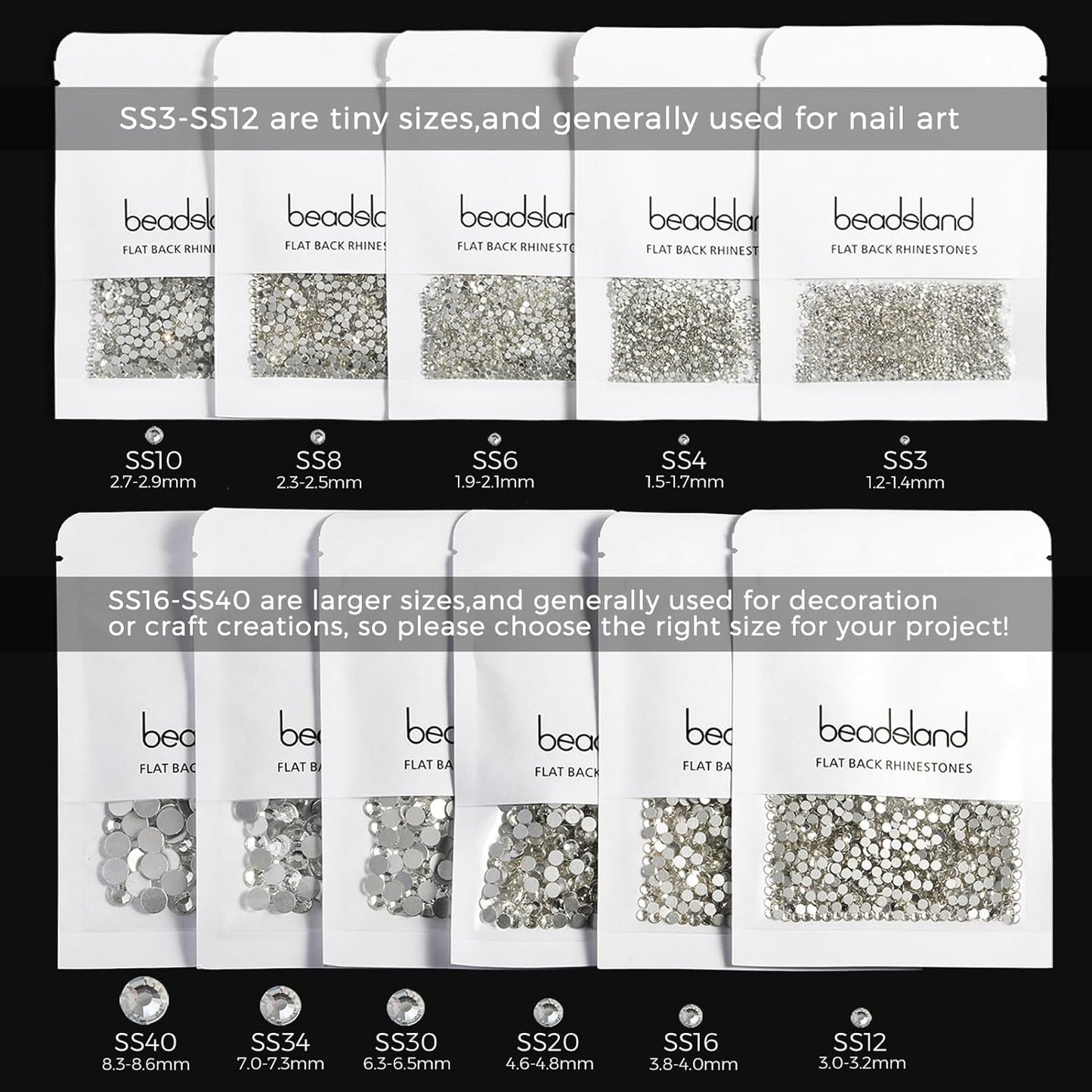 beadsland Flat Back Crystal Rhinestones Round Gems, Black (6.4-6.6mm) SS30/288pcs