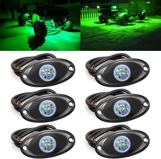 6 Pods LED Rock Lights for Jeep ATV UTV SUV RZR Off Road Ranger Pioneer Wheeler Truck Boat Underbody Glow Trail Rig Lighting Lamp Underglow LED Neon Lights Waterproof 12V-24V - Green