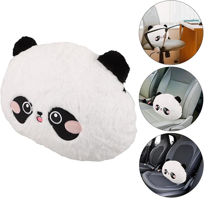 Car Lumbar Support Pillow with Cute Cartoon Panda Design, Round Plush Back Cushion for Driver and Passenger Seat, Soft Rabbit Hair Embroidered Lower Back Rest for Office