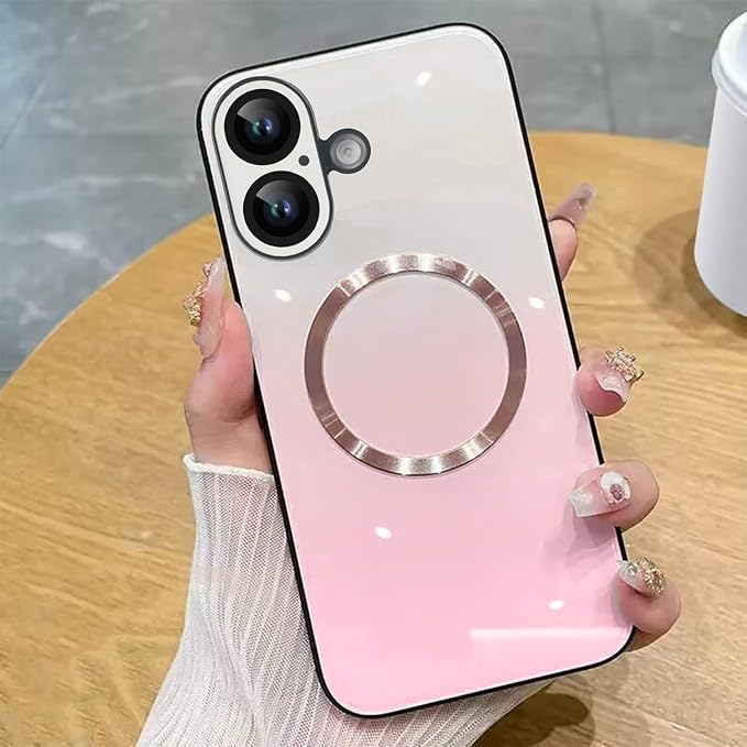 Guppy Compatible with iPhone 16 Plus Case Magnetic, with Full Camera Lens Protector [Compatible with MagSafe] Scratch Resistant Gradient Glass Back Cover Phone Case-Pink