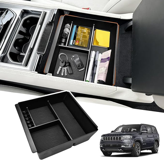 Center console Organizer Tray Compatible with 2022-2026 Jeep Wagoneer/L, 2022-2026 Jeep Grand Wagoneer/L Accessories, Armrest Storage Box with Coin Container（Not for Wagoneer S