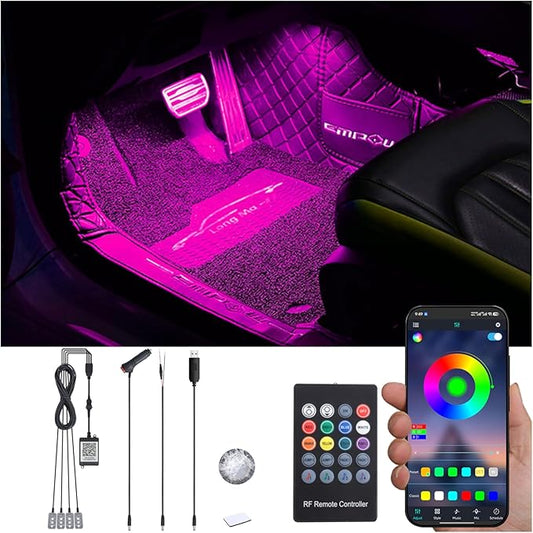 Car Footwell Interior Atmosphere Lights, Multicolor RGB Car Ambient Lighting Kit, DIY Mode Sound Active Music Sync, RF Remote Control + APP Control DC 12V