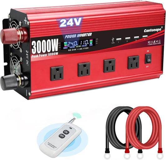 3000W Power Inverter 24V to 110V/120V DC to AC with LCD Display, Remote Controller 4 x AC Outlets and 4 x 3.1A USB Car Adapter for Car Truck Boat RV Solar System