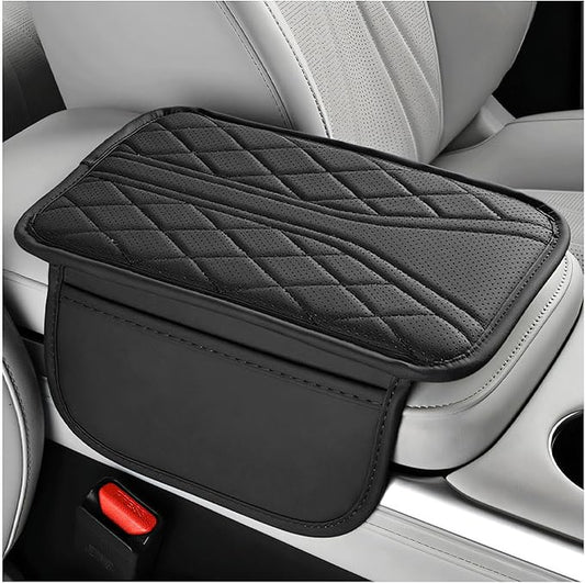 Car Center Console Cover, Leather Auto Armrest Cushion Pad with Two Storage Pockets, Waterproof Arm Rest Box Mat Protective Cover for Sedan SUV Truck, Car Accessories (Black)