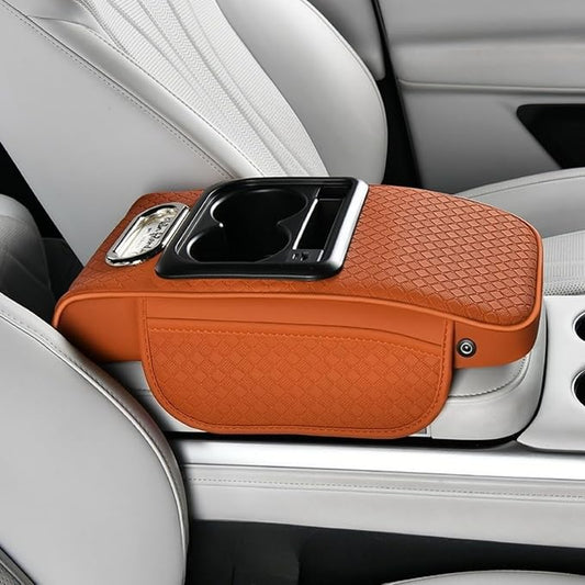 2026 Upgraded Car Center Console Cushion with 30w USB& Type-C Charging Ports, Leather Car Armrest Pad Cover, Interior Accessories for Most Vehicles (Ergonomic Sloped Version, Orange)