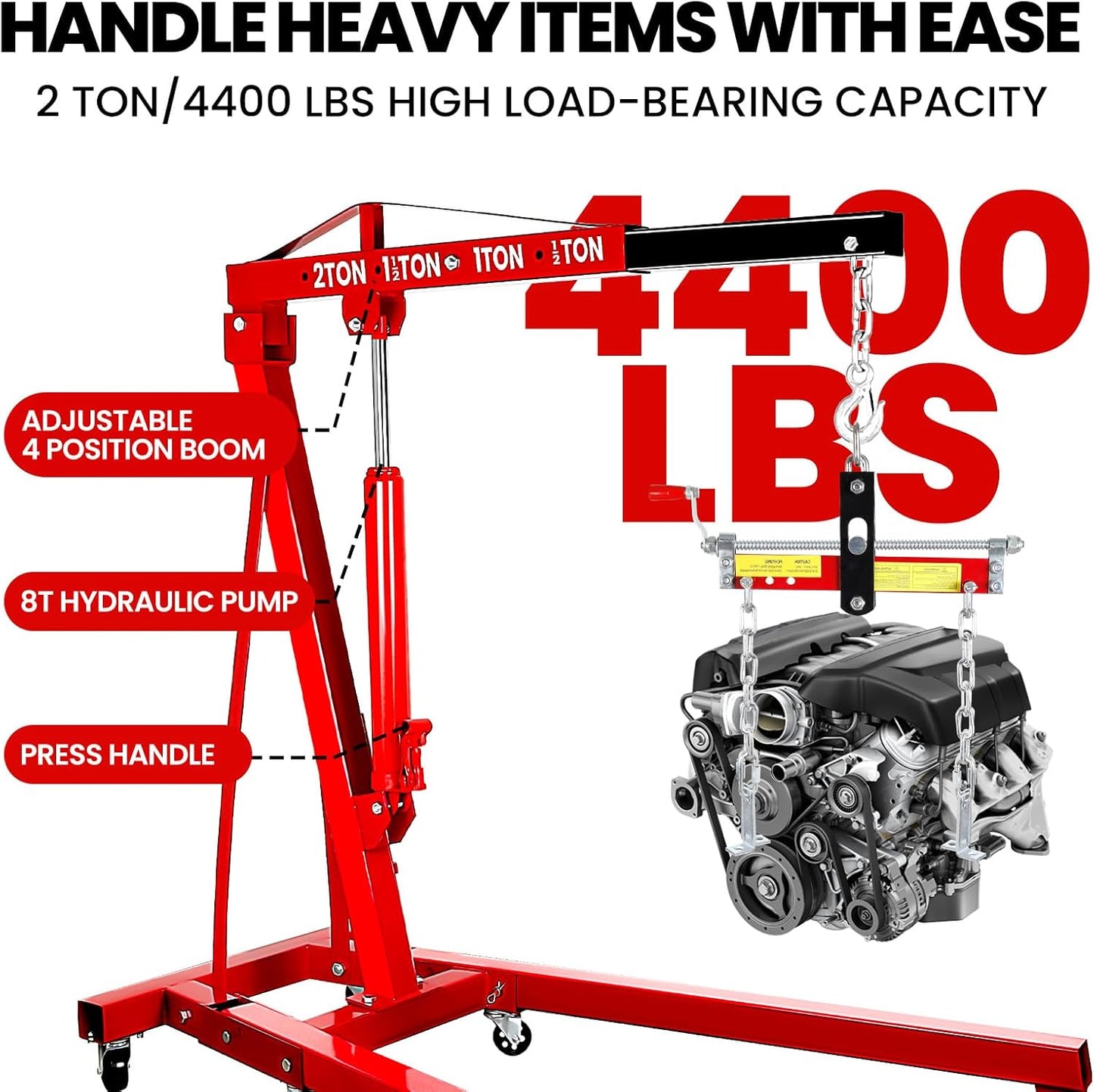 Engine Lift with Load Leveler,2T Heavy Duty Alloy Steel Folding Cherry Picker Engine Lift,Cherry Picker Workshop Crane,8Ton Hydraulic Engine Lift,Engine Lift for Workshop Warehouse Garage (Red)