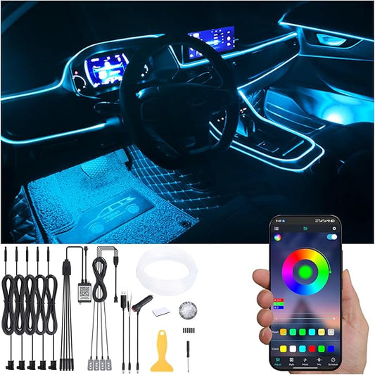 Car Atmosphere Light Kit 6m Fiber Optic RGB Multicolor Sound Active Music Sync Memory Function Bluetooth APP Control 64 Colors USB Car Interior Footwell Ambient Lighting Kit DC 12V