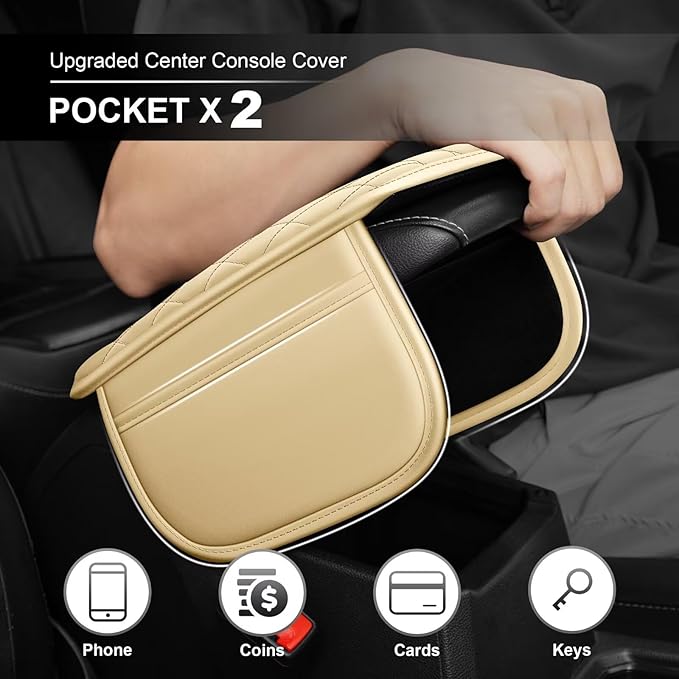 Upgraded Car Center Console Cover Fit for bZ4X Faux Leather Car Armrest Cover Cushion with 2 Storage Bags,Car Armrest Storage Box Interior Accessories(Beige&Whiteline)