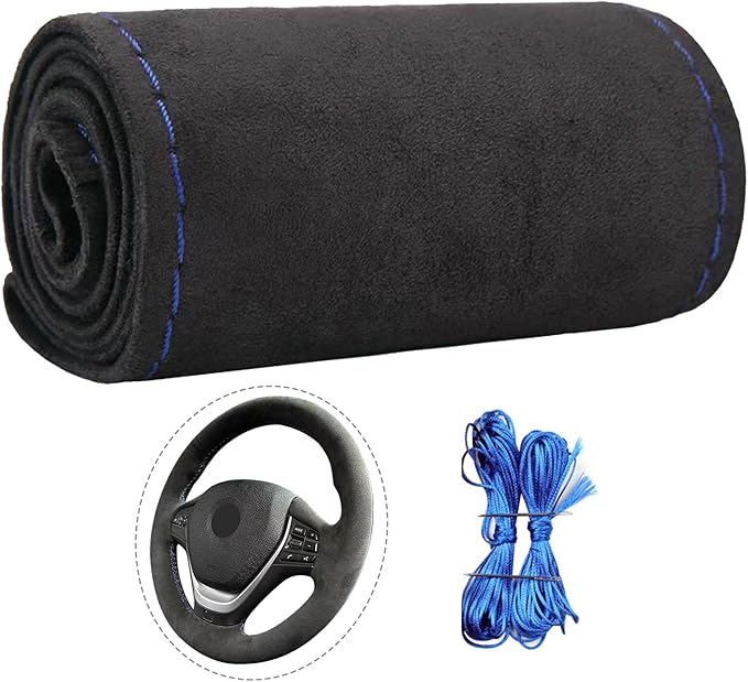 Suede Leather Steering Wheel Cover Wrap Kit - DIY Stitch-On for 18-19" Wheels, Superior Sweat Absorption & Non-Slip Grip, Comfortable & Durable Year-Round Upgrade
