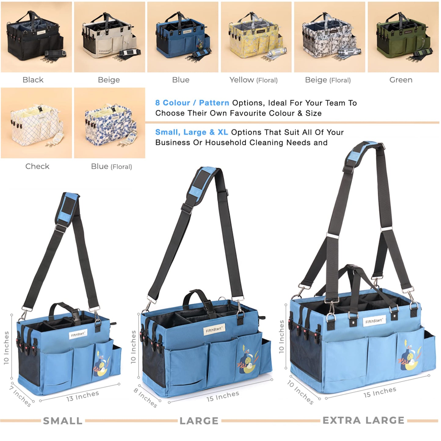 FifthStart Multiuse Cleaning Caddy with Waist & Shoulder Strap - Diaper Caddy & Beach Bag - 9 Pockets & Mesh Base - Blue, X-Large
