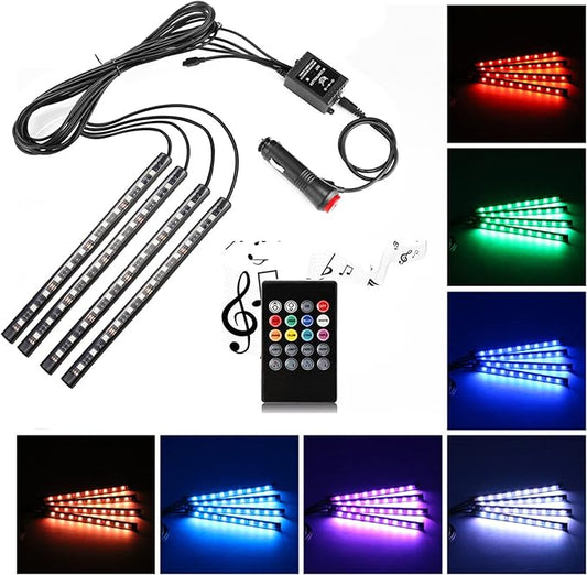 Car LED Strip Light,Uniwit 4 Pieces DC 12V Multicolor Car Interior Music Light LED Underdash Lighting Kit with Sound Active Function and Wireless Remote Control Including Car Charger