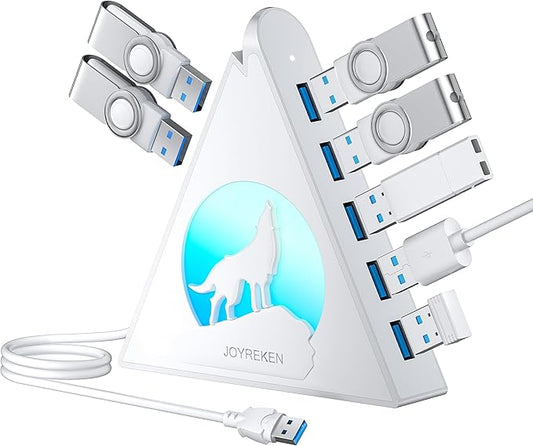 7 Port USB Hub, JoyReken USB 3.0 Hub with 2 FT Long Cable, Vertical USB Extension Hub for Laptop, MacBook, Flash Drive, XPS, PC, Flash Drive, Game Console, Printer, Camera,Keyborad, Mouse (White)