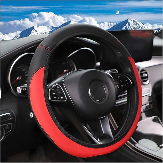 Car Steering Wheel Cover, Leather Elastic No Inner Ring Vehicle Steering Wheel Protector for 14.5-15Inch, Anti Slip Auto Interior Protection Accessories, Universal for SUV Sedan Truck (Red)