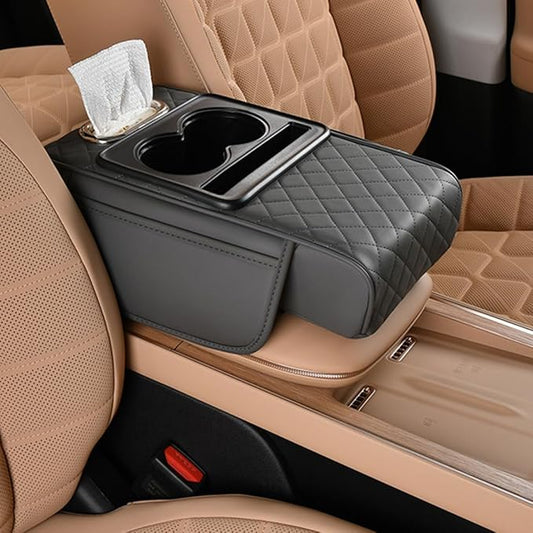 Car Armrest Cushion,5-in-1 Center Console Cover with 2 Storage Bags Cup Holder, Tissue Box Slot, Phone Slot for Sedans, Car Accessories Interior Organizers (Gey)