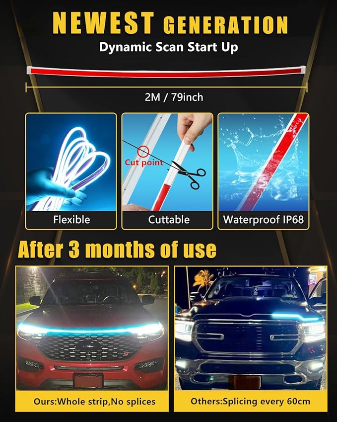Sequential Turn Signal Light Strip Dynamic Scan Start Up Led Hood Lights Flexible DRL Daytime Running Light for Car,Truck,SUV,Dual Color Ice Blue Amber Flowing Switchback 12V 79inch/2M (1Set)
