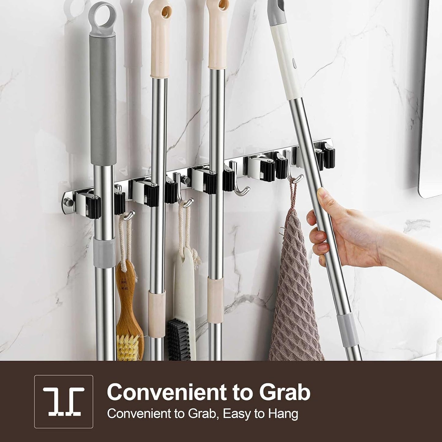 2 Pack Broom Holder Wall Mount, Stainless Steel Broom Hanger Wall Mount, Heavy Duty Mop and Broom Holder Tool Racks Utility Hooks for Laundry Room Garden Garage, Black (5 Racks and 4 Hooks)