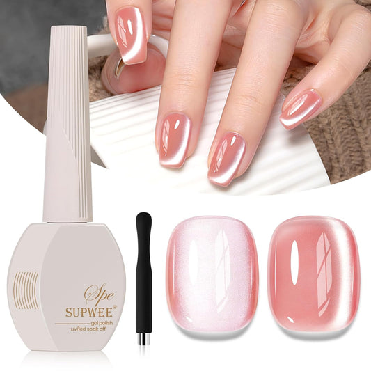 Moonlight Crystal Cat Eye Gel Polish, 15ml Peach Pink Glass Cateye Gel Nail Polish with Magnet Jelly Glitter Gel Polish Soak Off U V Gel Salon DIY at Home