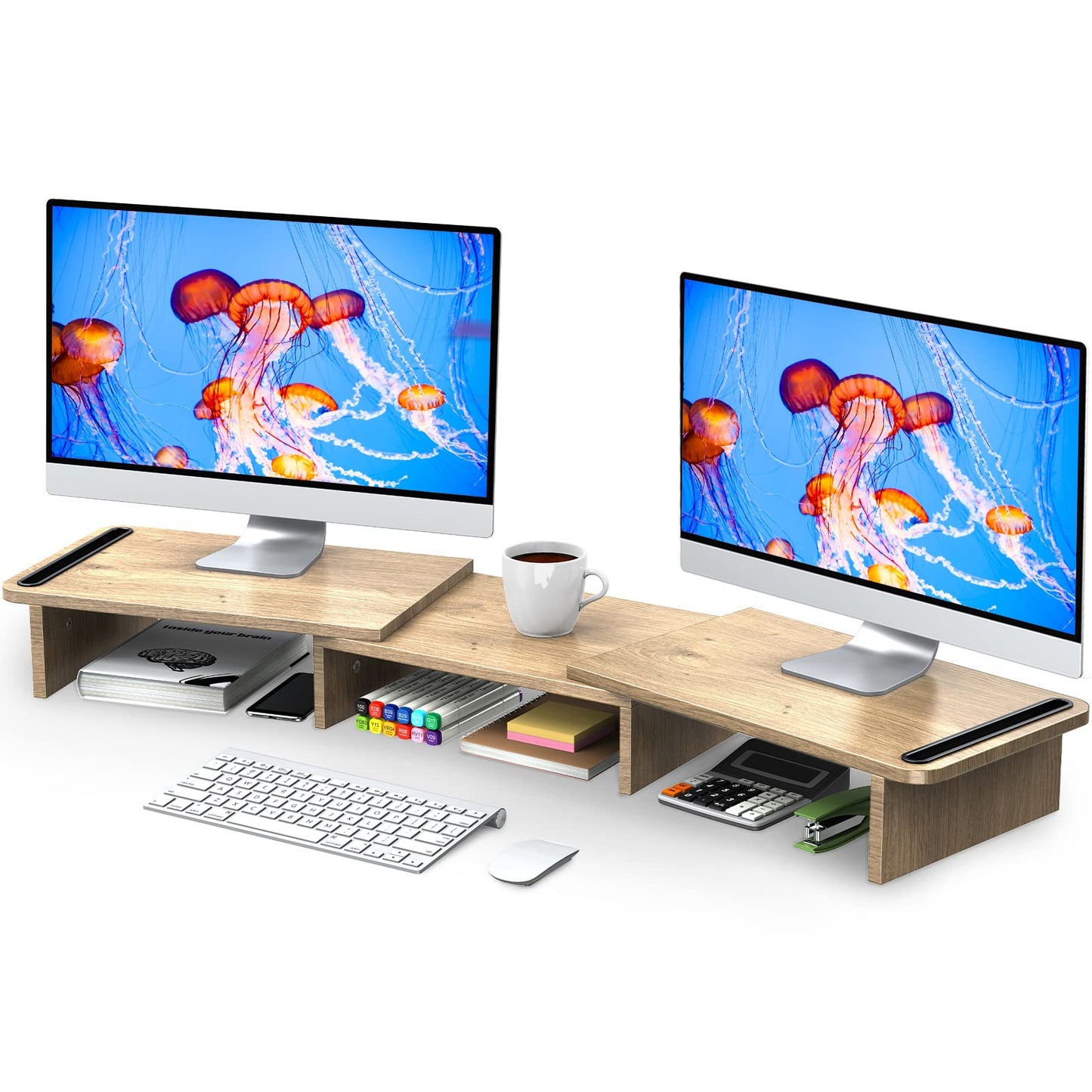 Zimilar Dual Monitor Stand Riser, Monitor Stand with Adjustable Length and Angle, Wood Monitor stand for desk, Monitor Riser for 2 monitors with Storage Space(Rust Brown Large)