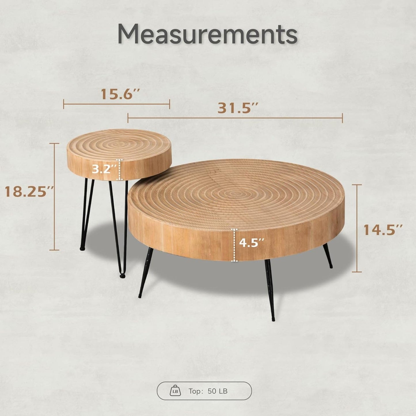 2-Piece Modern Farmhouse Living Room Coffee Table Set, Nesting Table Round Natural Finish with Handcrafted Wood Ring Pattern