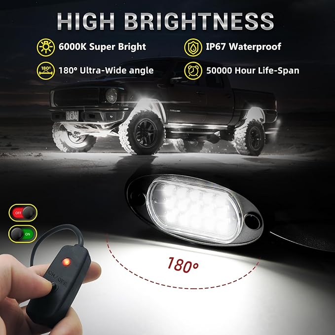 8 Pods White LED Rock Lights for with Switch Extension Harness, 6000K 24 LEDs Pure White Underglow Kit for Truck Trailer Offroad SUV UTV RZR, IP68 Waterproof Under Trail Rig Fender Lighting