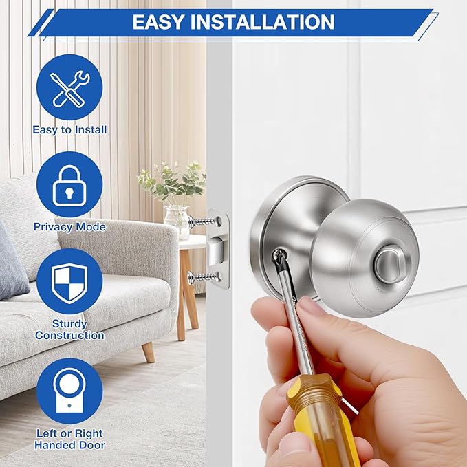Plustool 10 Pack Brushed Nickel Door Knobs,Privacy Door Knob with Lock, Interior Doorknobs Silver, Keyless Door Locks Set for Bedrooms Bathrooms, Reversible for Left/Right Door Handle