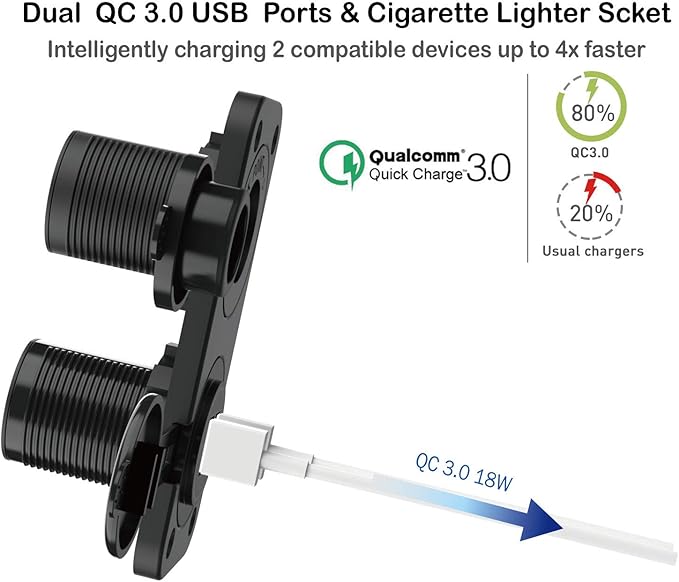 QC 3.0 USB Outlet 12V Boat Marine Waterproof Cigarette Lighter Socket Splitter 12 Volt DC Power Charger Adapter DIY Kit with Blue LED Dual USB Ports for Rocker Switch Panel on Car RV Golf Cart ATV
