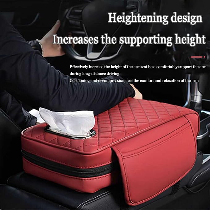 Car Center Console Cover for Fiat 500L (Type 330) 2012-2021, Leather Car Arm Rest Cover, Car Armrest Cushion with 2 Storage Bags Car Center Console Armrest Pad, F Red