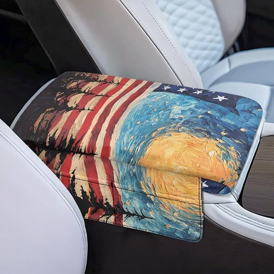 Car Console Covers, Memory Foam Center Console Cushion with Storage Bags, American Flag Sky Middle Console Protector Car Accessories Interior for Women Men