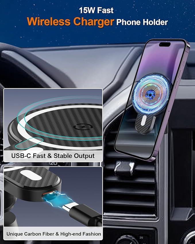 PZK Car Phone Mount for Toyota Tacoma 2016 2017 2018-2022 2023 Accessories Custom Air Vent Phone Holder Magnetic 15W Fast Wireless Charger Hands Free 360° Rotation Cell Phone Automobile Cradles