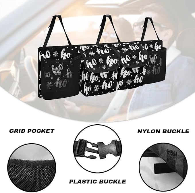 Hanging Car Trunk Organizer, Black Christmas Car Back Seat Storage Bag with 4 Pockets Waterproof Auto Interior Accessories for SUV MPV Sedans Trucks Van