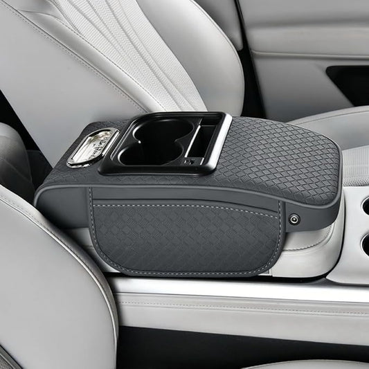 2026 Upgraded Car Center Console Cushion with 30w USB& Type-C Charging Ports, Leather Car Armrest Pad Cover, Interior Accessories for Most Vehicles (Ergonomic Sloped Version, Grey)