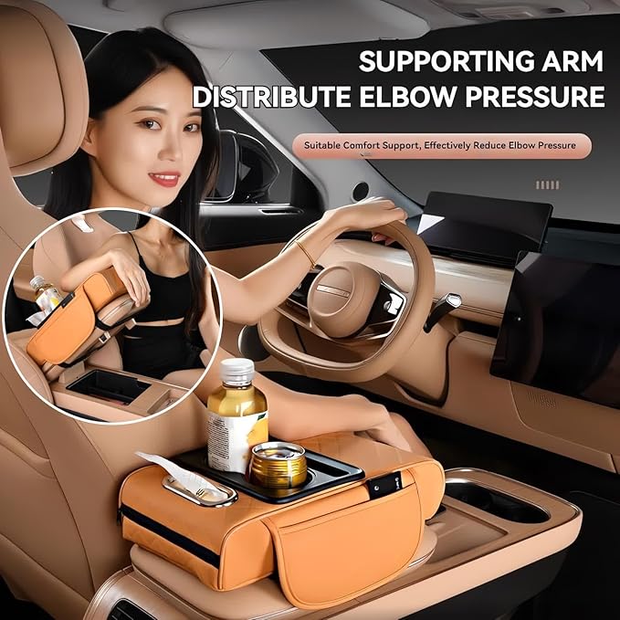 Multifunctional PU Leather Car Armrest Box Mat, 5-in-1 Multifunctional Car Armrest Cushion, Center Console Cover with 2 Cup Holder, For Storing Tissues,Phones,Wallets,Drinks,for Most Cars (Black-B)