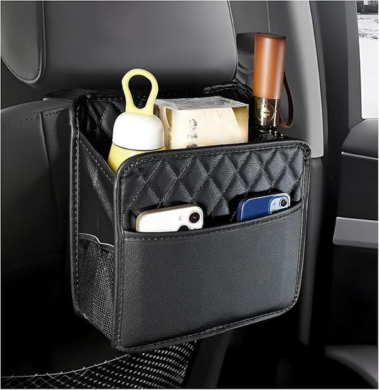 Car Seat Back Organizer, Waterproof Leather Hanging Backseat Organizer with Storage Pockets, Large Capacity Auto Trash Bag Collapsible Document Holder for Most Vehicles